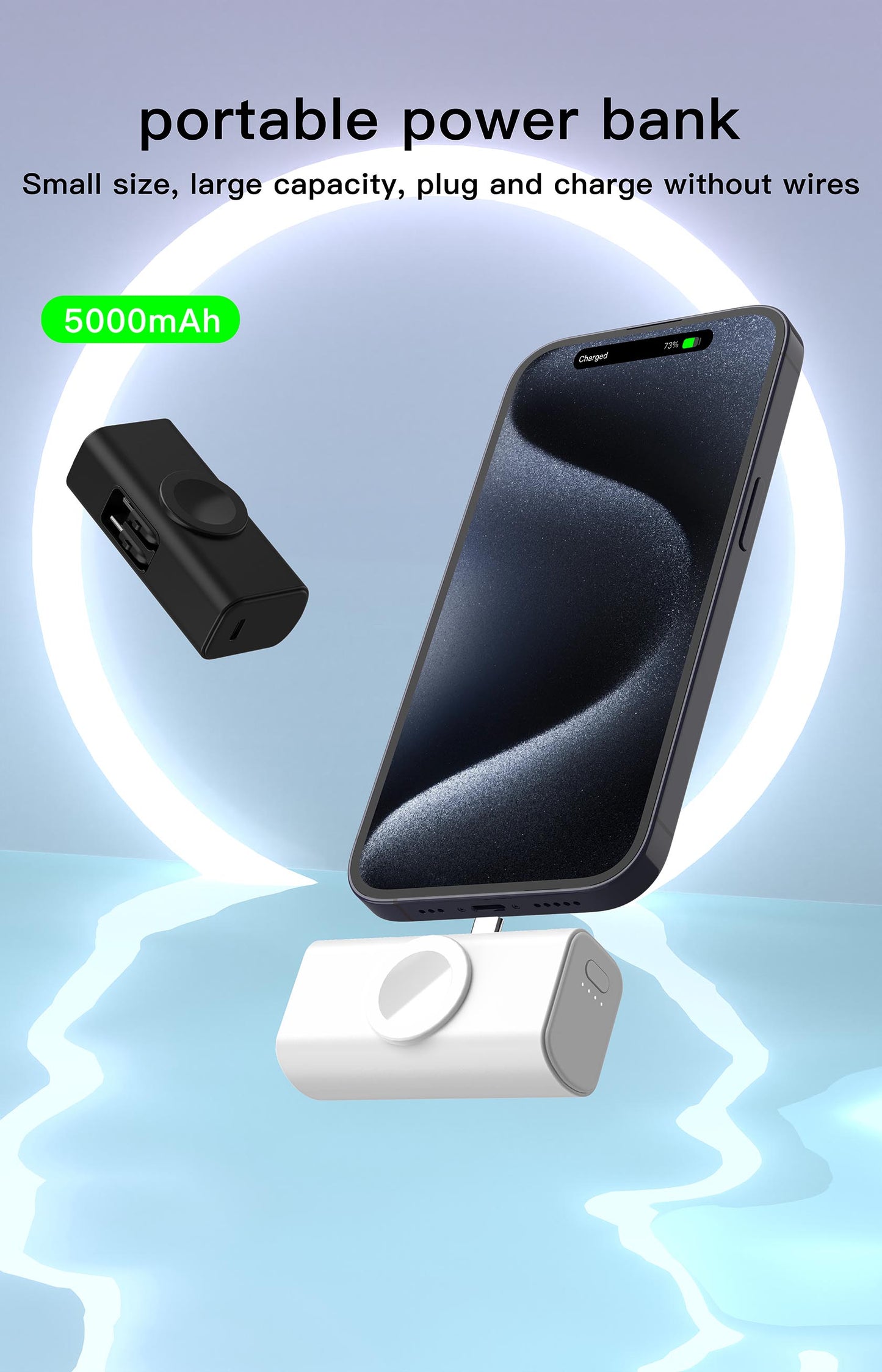 Latest 3 in 1 5000mAh portable power bank with Type-c &lighting two cables for Smartphone and iWatch
