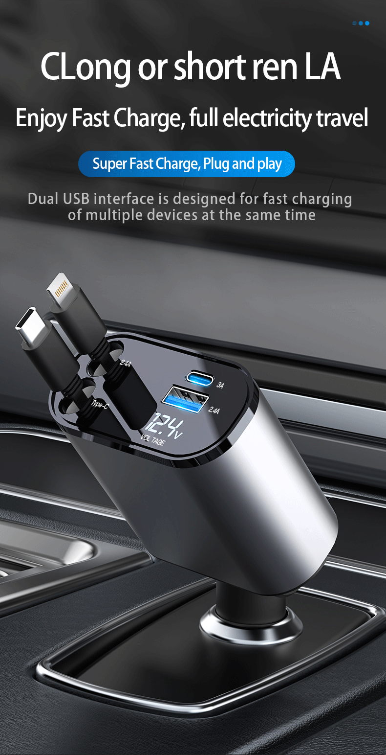 Retractable Car Charger, USB C 60W Car Phone Charger, iPhone Cigarette Lighter Charger, Fast Car Charger Adapter Compatible with 14 Pro Max 13 12 Samsung Galaxy S23/22 Pixel