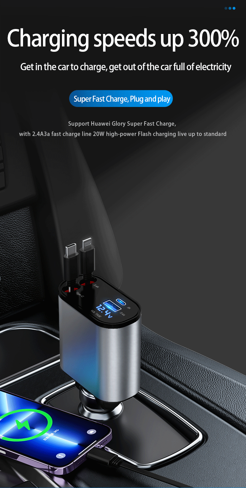 Retractable Car Charger, USB C 60W Car Phone Charger, iPhone Cigarette Lighter Charger, Fast Car Charger Adapter Compatible with 14 Pro Max 13 12 Samsung Galaxy S23/22 Pixel
