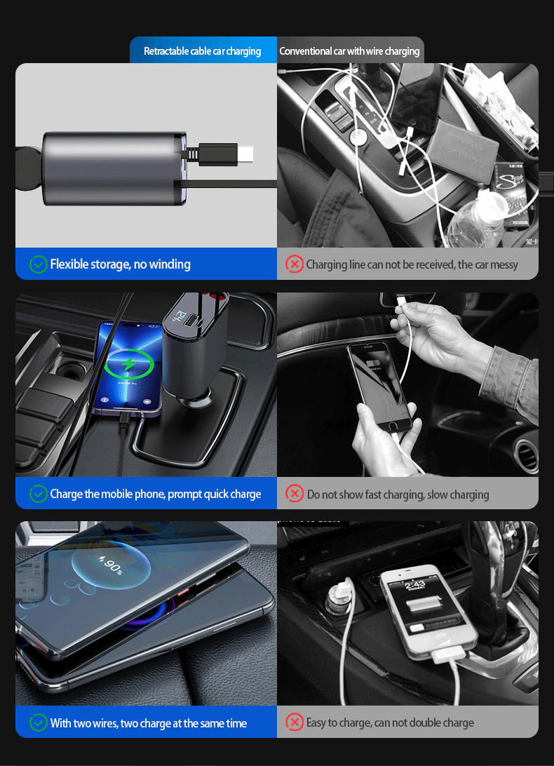 Retractable Car Charger, USB C 60W Car Phone Charger, iPhone Cigarette Lighter Charger, Fast Car Charger Adapter Compatible with 14 Pro Max 13 12 Samsung Galaxy S23/22 Pixel