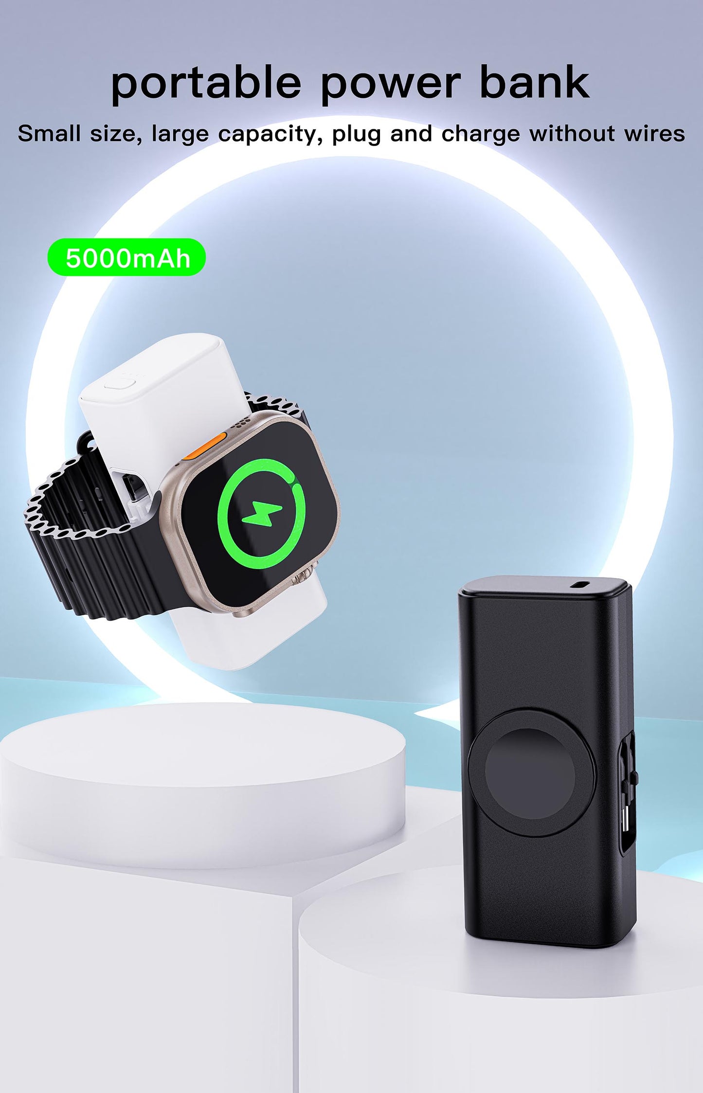 Latest 3 in 1 5000mAh portable power bank with Type-c &lighting two cables for Smartphone and iWatch