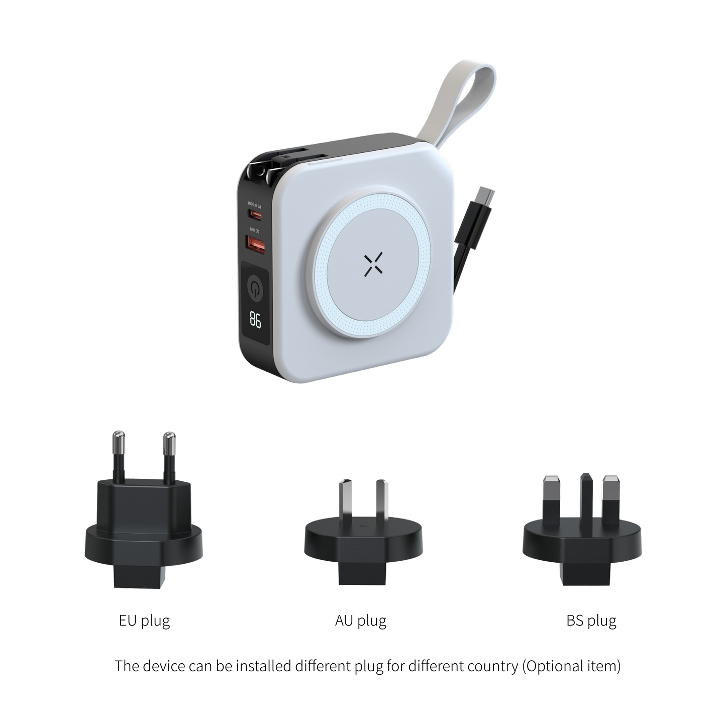 10000mAh multifunctional 5 in 1 power bank travel charger with type-c cable with AU/EU/US/UK plug