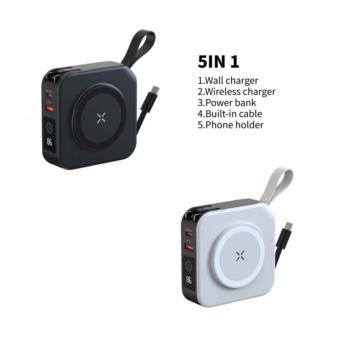 10000mAh multifunctional 5 in 1 power bank travel charger with type-c cable with AU/EU/US/UK plug