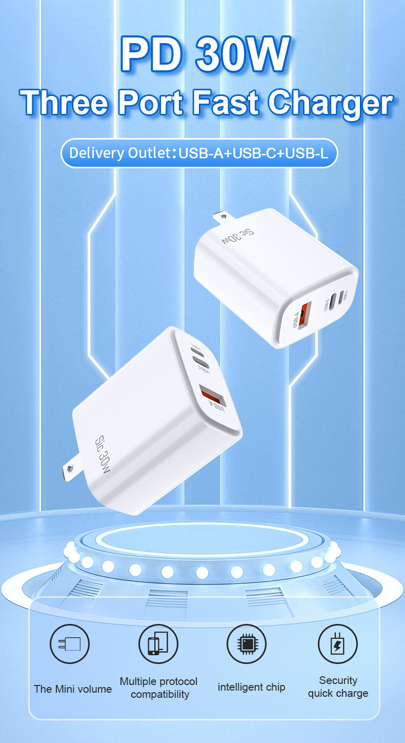 Silicon Carbide PD30W A+C+L port fast adapter US EU plug bulk portable cell phone chargers with FCC certificate