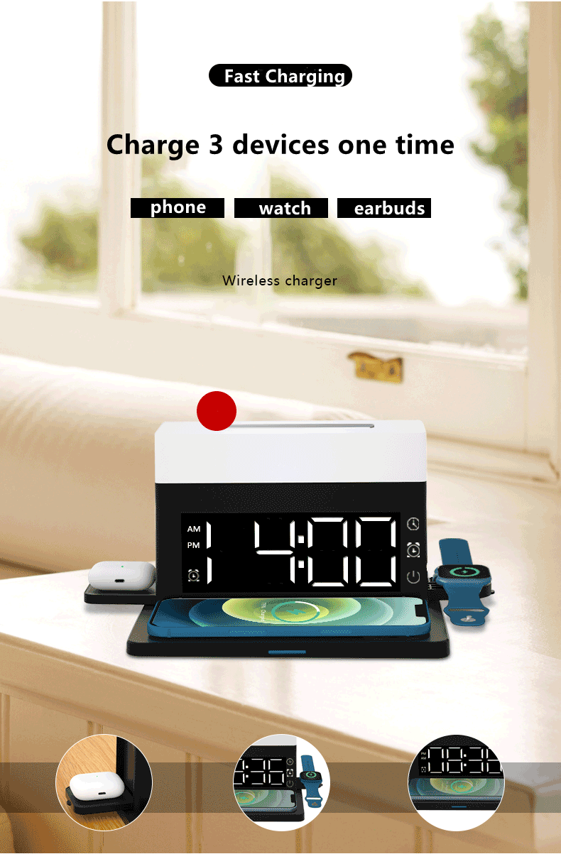 Multifunctional 6 in 1 wireless charger with alarm setting colorful atmosphere lamp N65