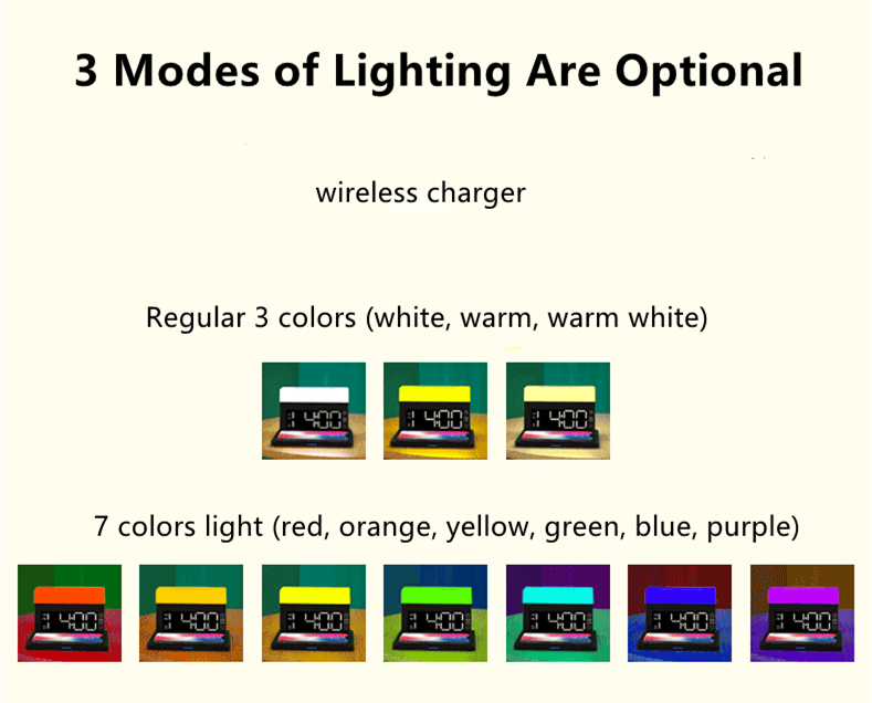 Multifunctional 6 in 1 wireless charger with alarm setting colorful atmosphere lamp N65