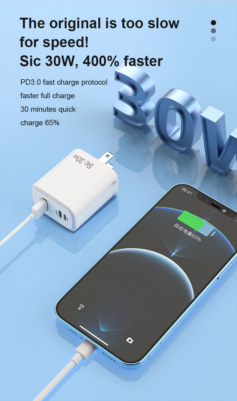 Silicon Carbide PD30W A+C+L port fast adapter US EU plug bulk portable cell phone chargers with FCC certificate