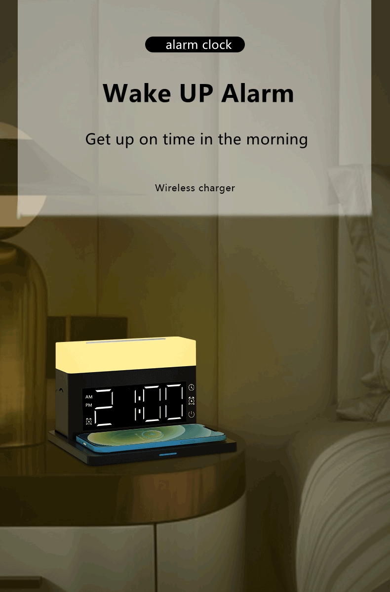 Multifunctional 6 in 1 wireless charger with alarm setting colorful atmosphere lamp N65