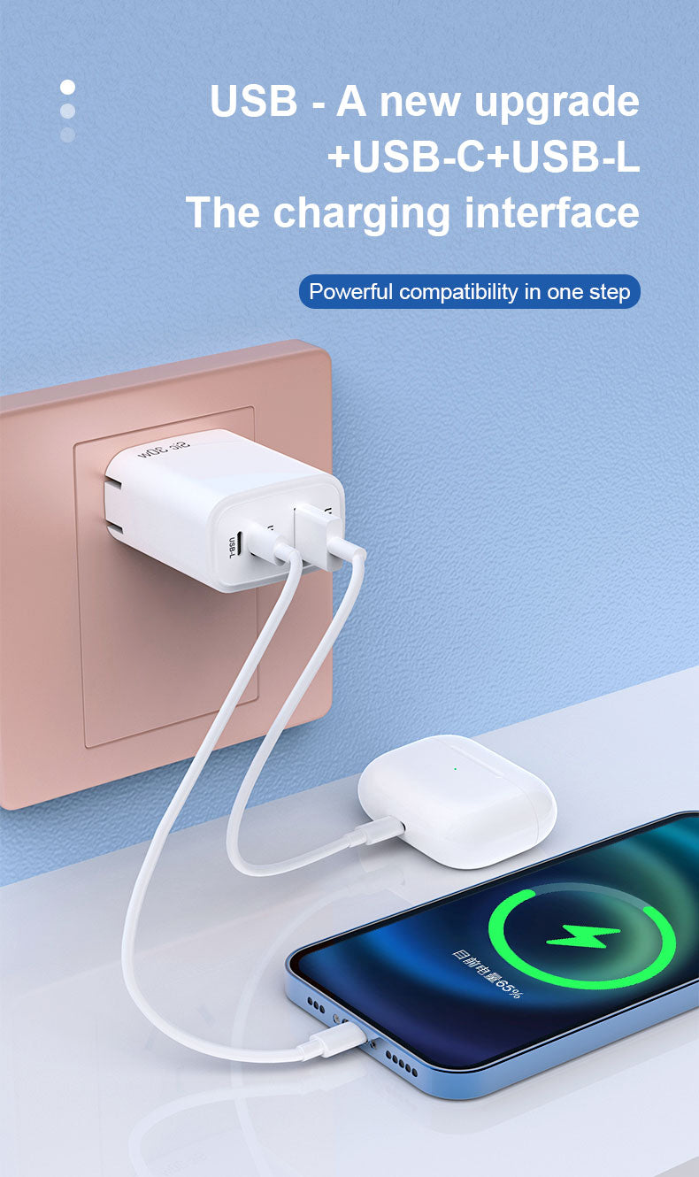 Silicon Carbide PD30W A+C+L port fast adapter US EU plug bulk portable cell phone chargers with FCC certificate