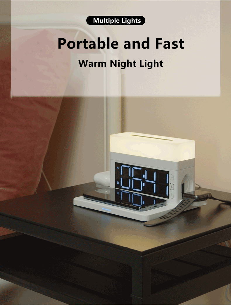 Multifunctional 6 in 1 wireless charger with alarm setting colorful atmosphere lamp N65