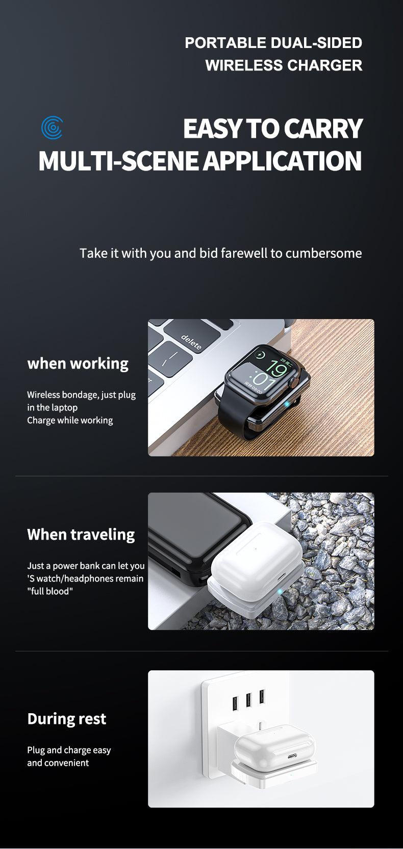 2 in 1 Double-sided wireless phone and apple watch charger charging battery life anytime 997
