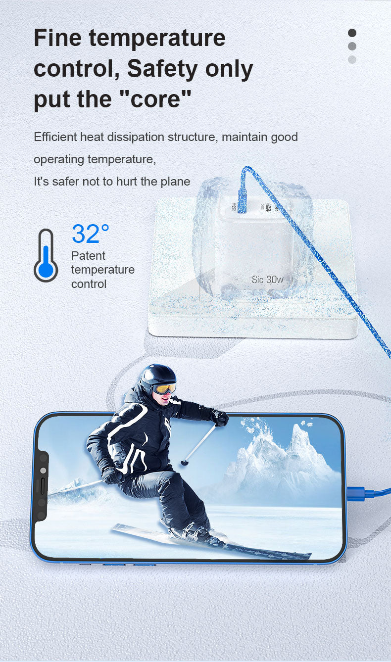 Silicon Carbide PD30W A+C+L port fast adapter US EU plug bulk portable cell phone chargers with FCC certificate