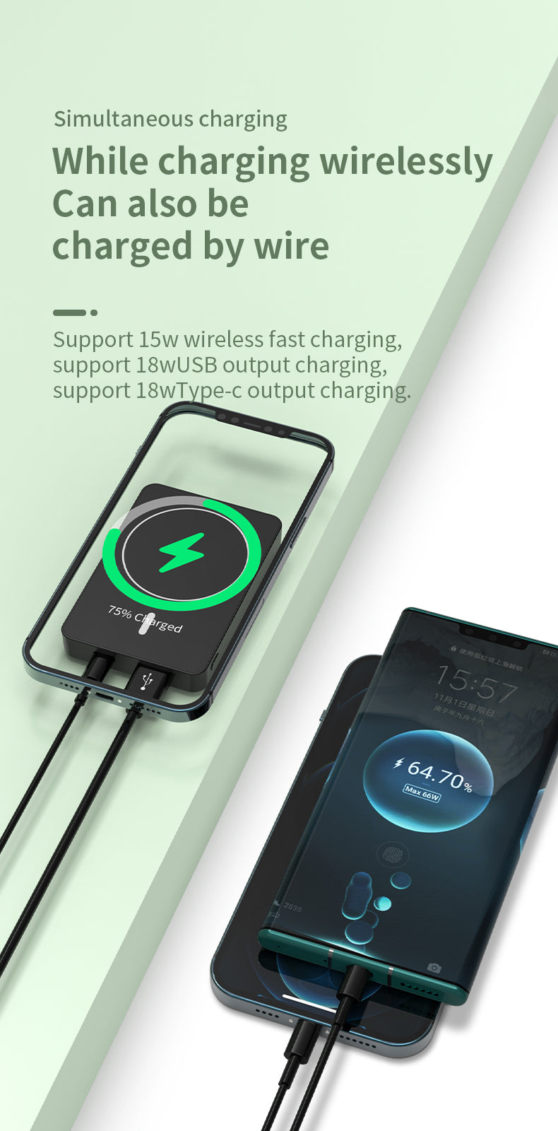 Portable 5000mah 15W Fast wireless Charging Magnetic Power Bank 976