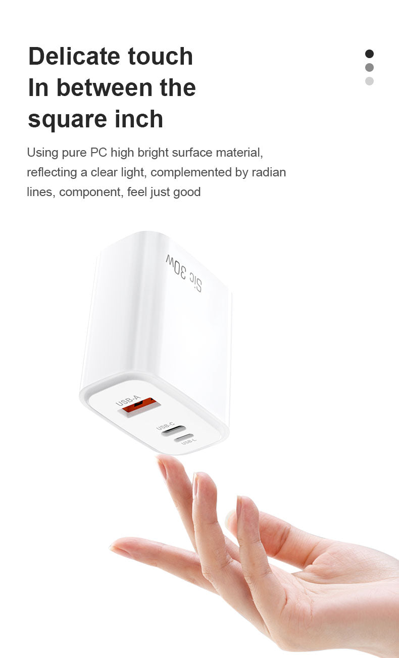 Silicon Carbide PD30W A+C+L port fast adapter US EU plug bulk portable cell phone chargers with FCC certificate