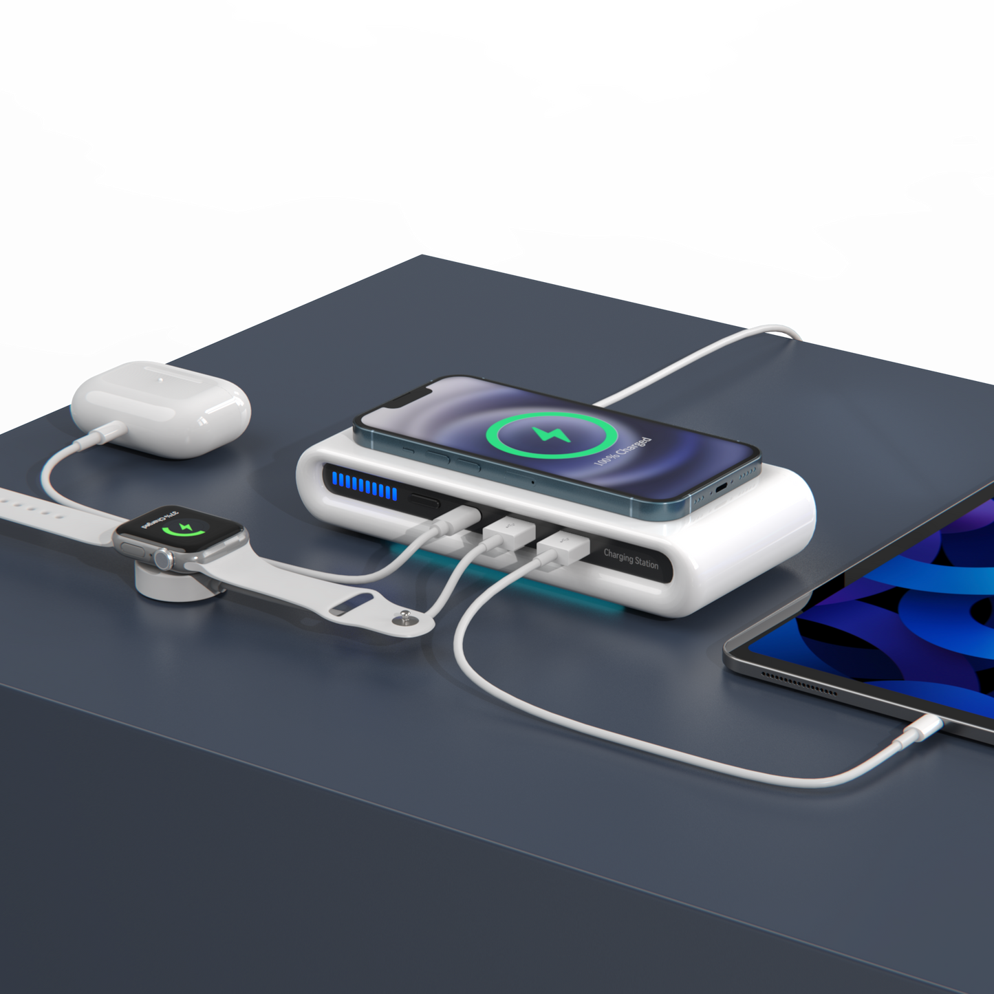 Lastest 30W multi-port 4 in 1 wireless charging station with 2 USB-A + 1 Type-C N67