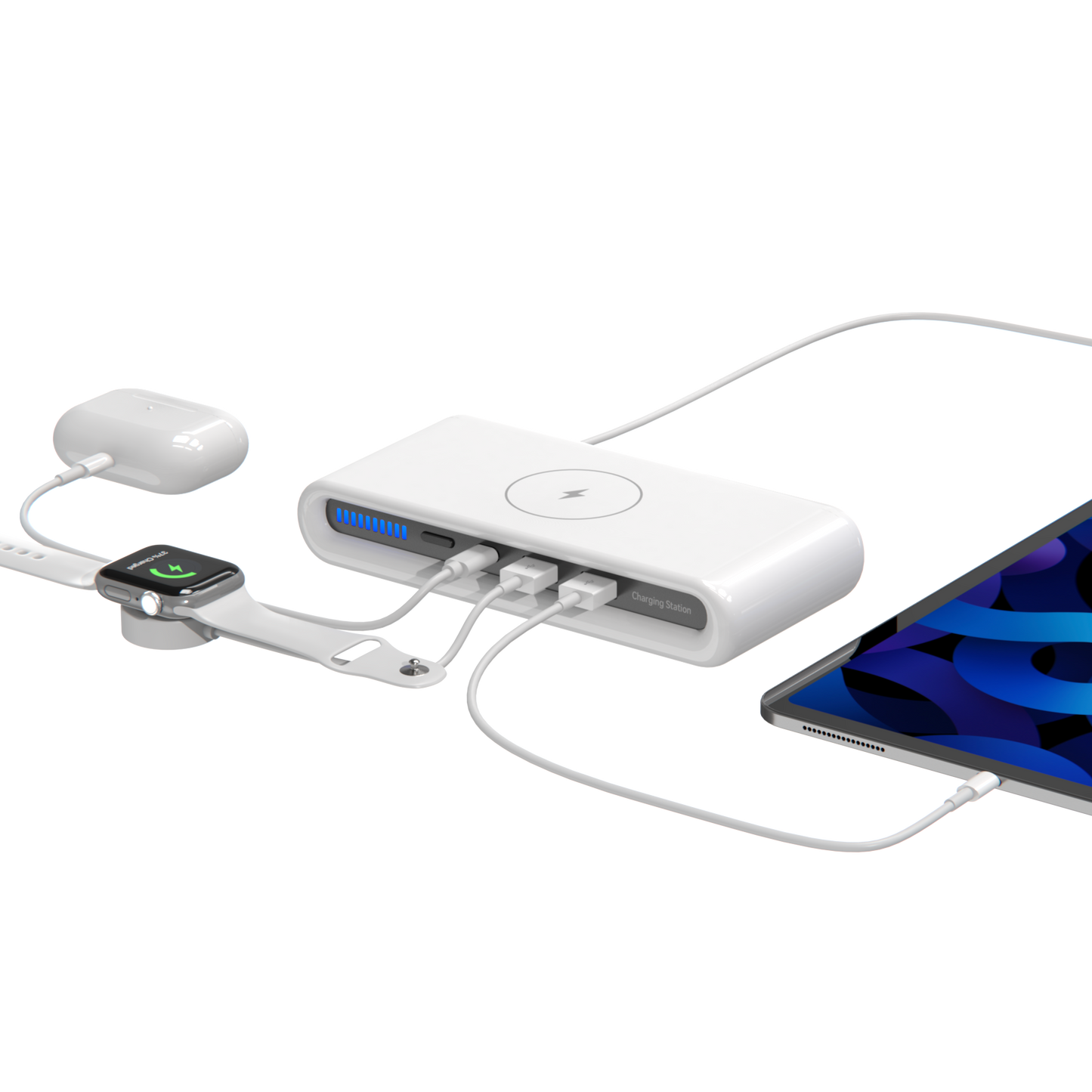 Lastest 30W multi-port 4 in 1 wireless charging station with 2 USB-A + 1 Type-C N67
