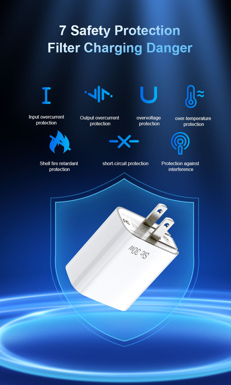Silicon Carbide PD30W A+C+L port fast adapter US EU plug bulk portable cell phone chargers with FCC certificate