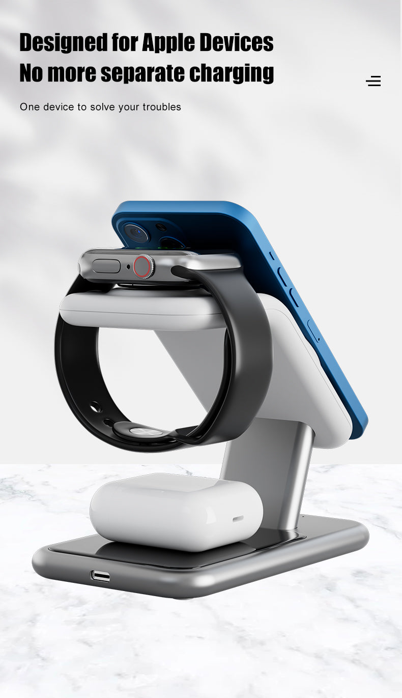Luxury texture aluminum alloy magnetic 3-in-1 wireless charging stand