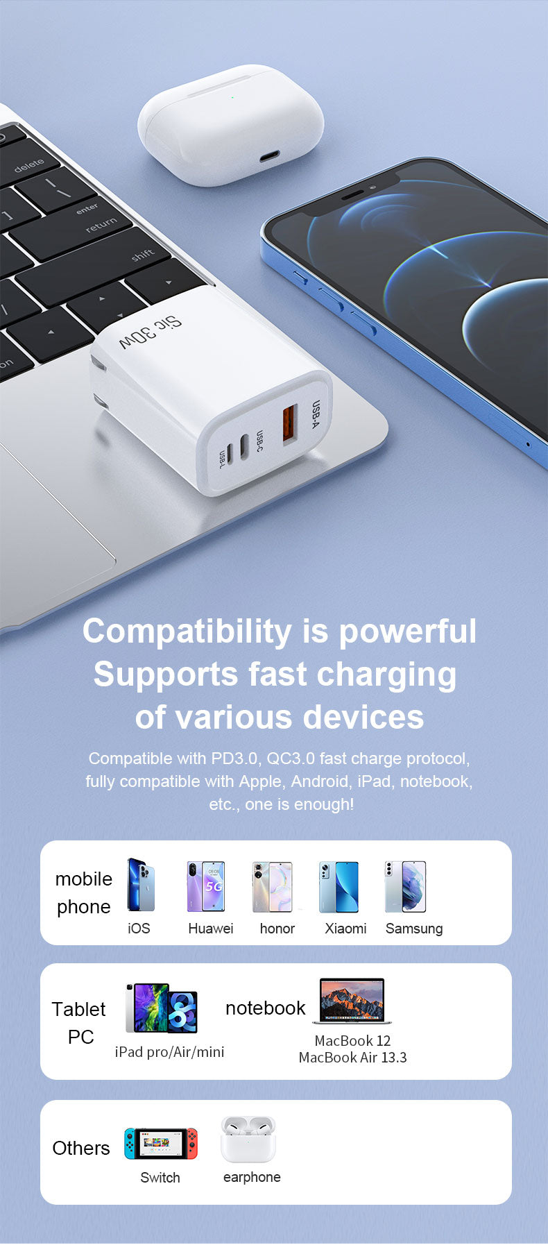 Silicon Carbide PD30W A+C+L port fast adapter US EU plug bulk portable cell phone chargers with FCC certificate