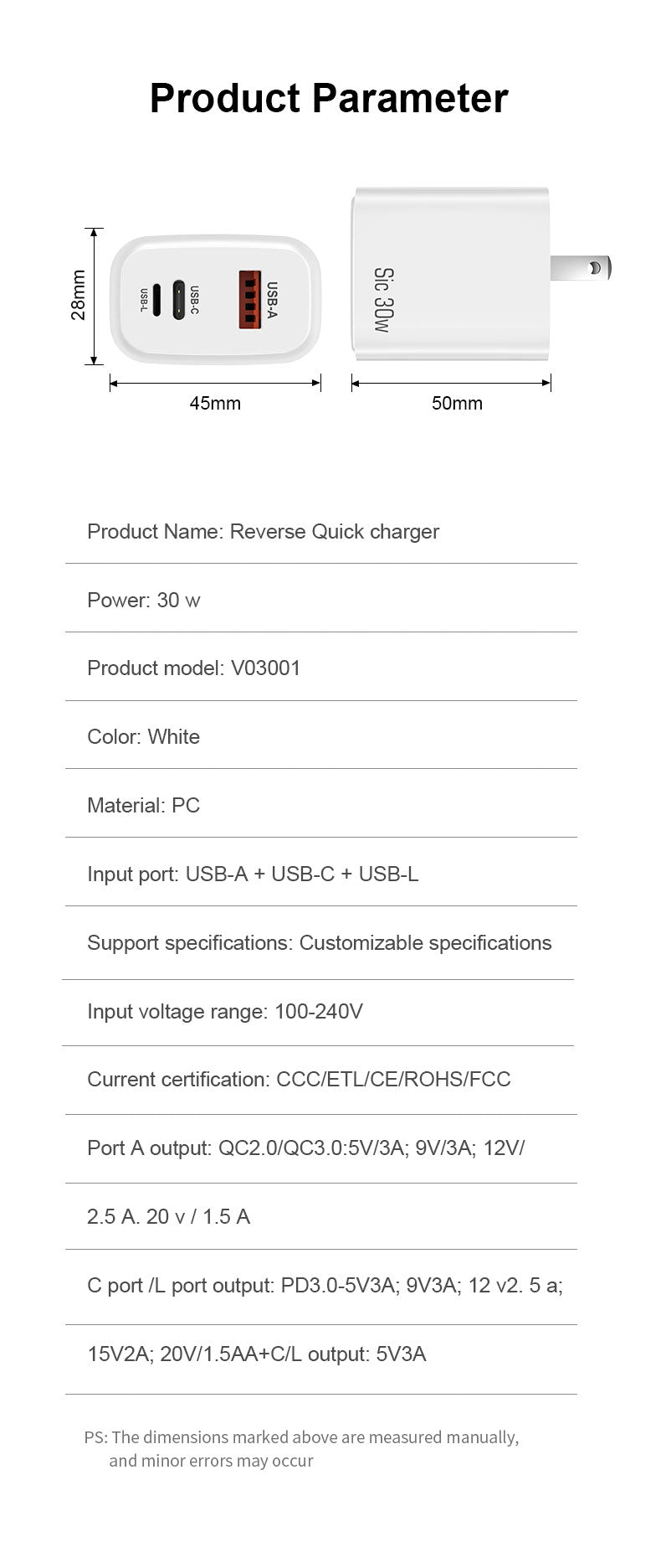 Silicon Carbide PD30W A+C+L port fast adapter US EU plug bulk portable cell phone chargers with FCC certificate