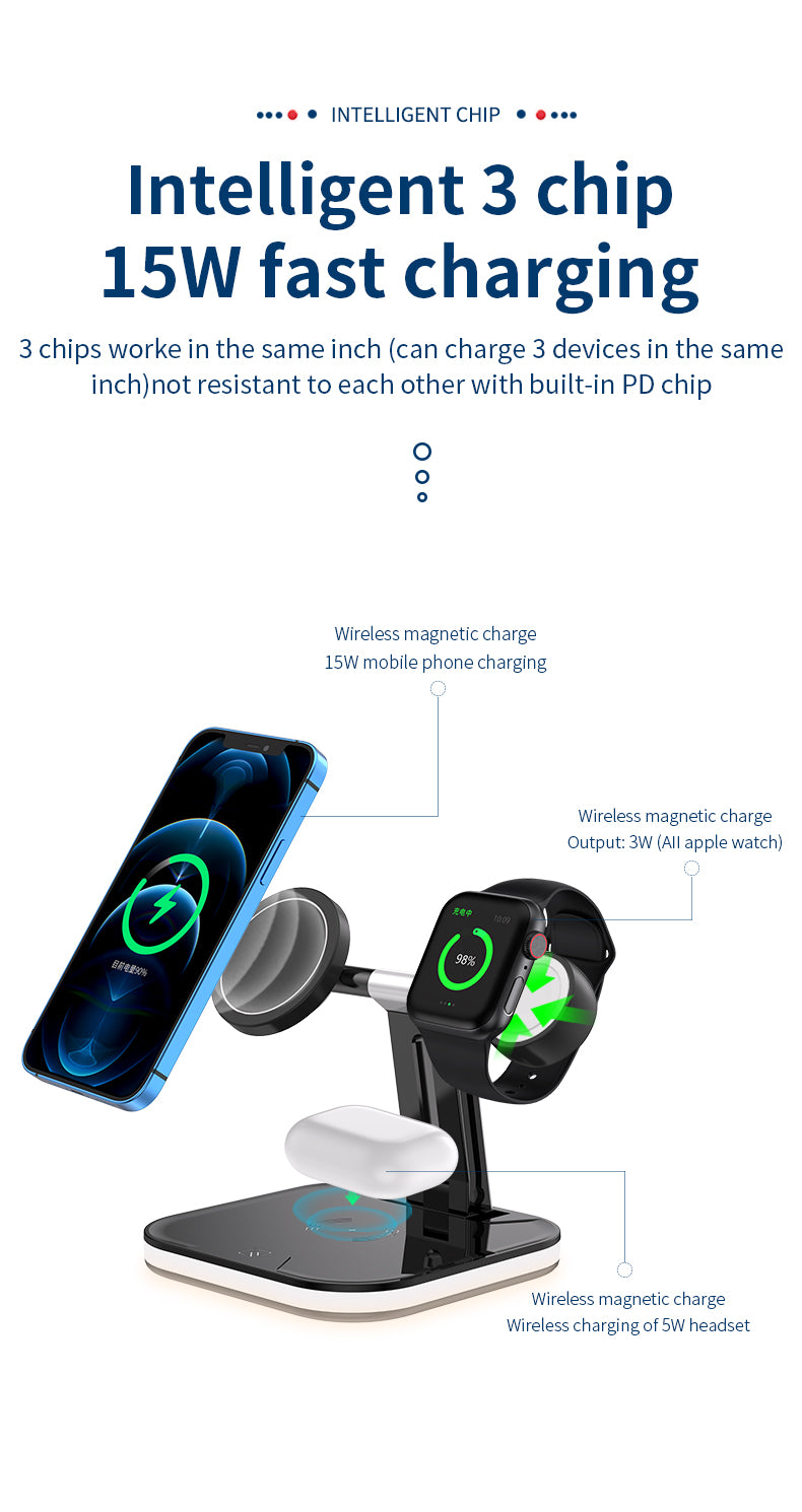 15W 3 in 1 Qi Magnetic Wireless Fast Charger for iPhone 971