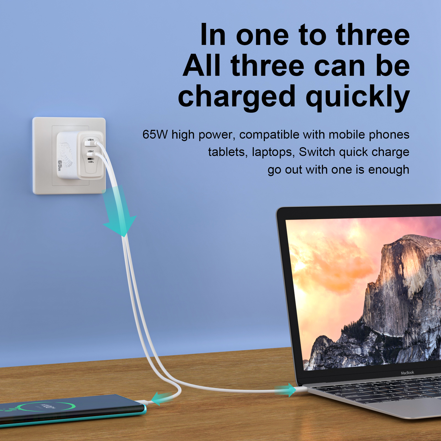 Gan Charger 65w 2c 1A 3 ports  adapter L to C reverse charging plug 20v 3.25a Pd Charger For Macbook Etl Pse Ce FCC Rohs  Certified