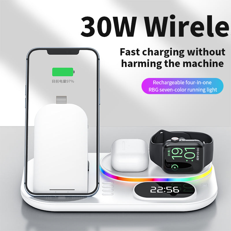 30W Modern RGB Led colorful light Digital Clock time display 5 in 1 Wireless Charger A06