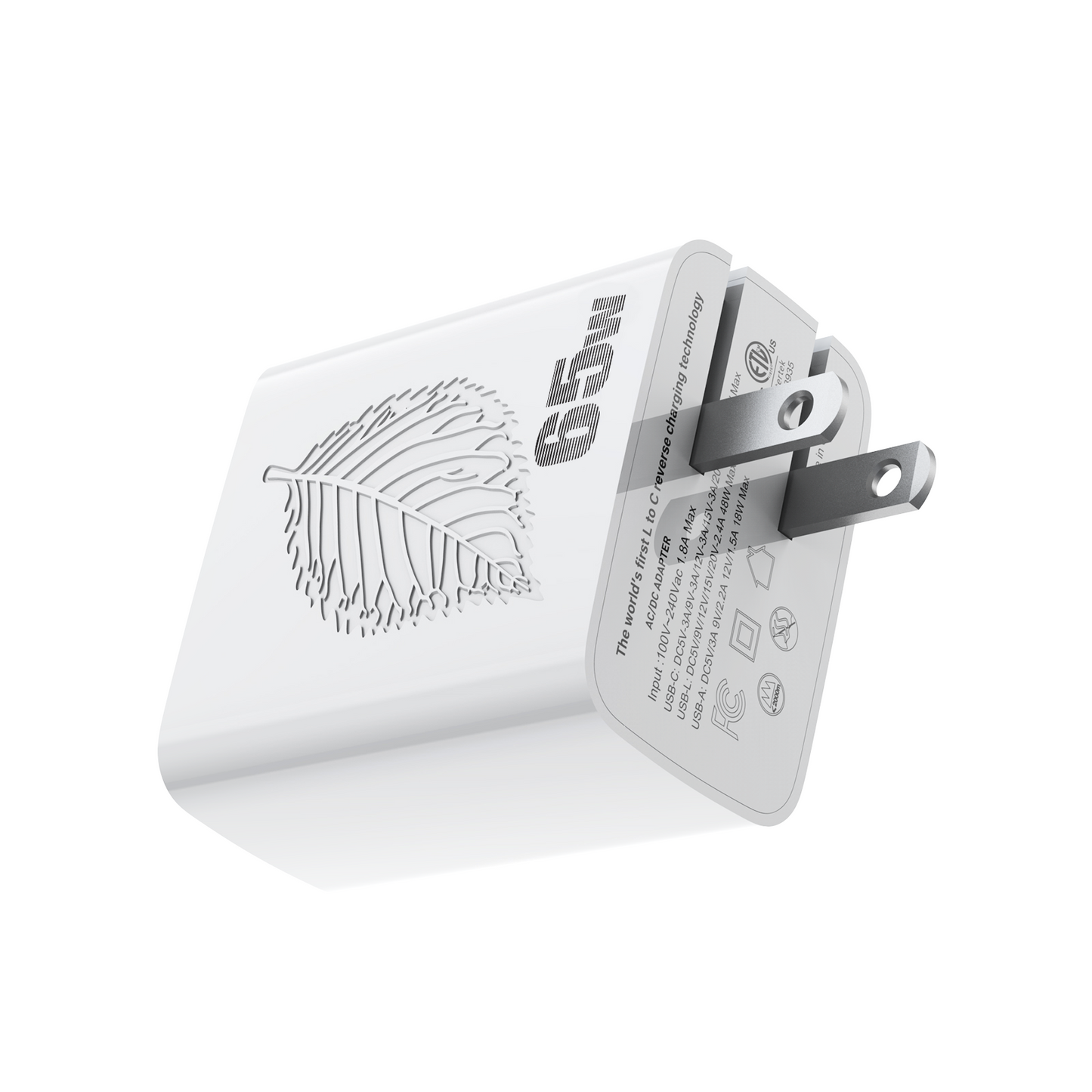 Gan Charger 65w 2c 1A 3 ports  adapter L to C reverse charging plug 20v 3.25a Pd Charger For Macbook Etl Pse Ce FCC Rohs  Certified