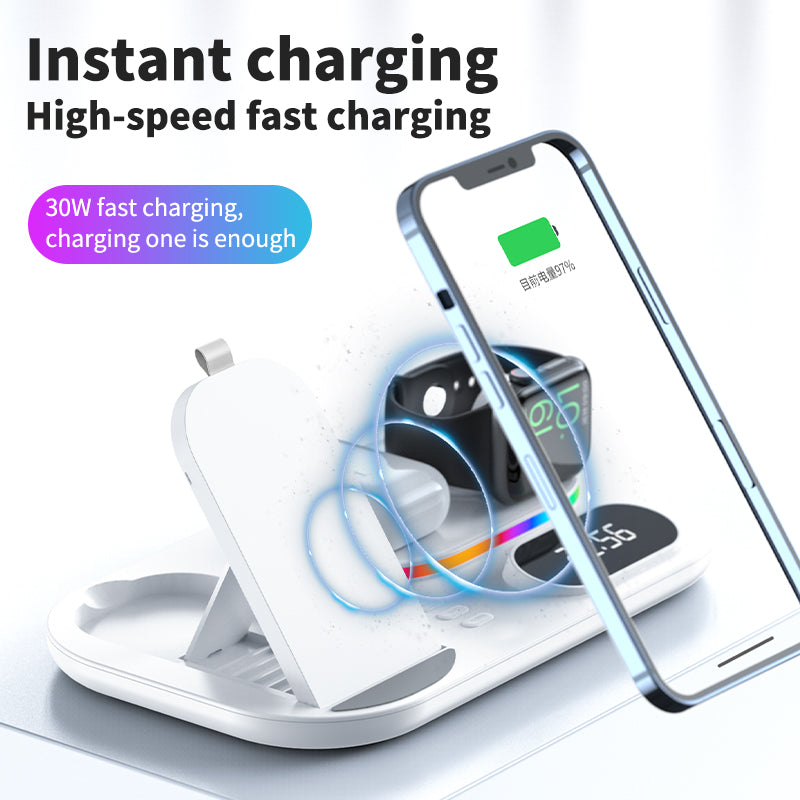 30W Modern RGB Led colorful light Digital Clock time display 5 in 1 Wireless Charger A06