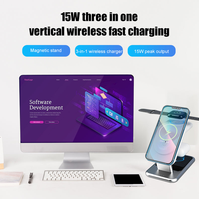 Luxury texture aluminum alloy magnetic 3-in-1 wireless charging stand