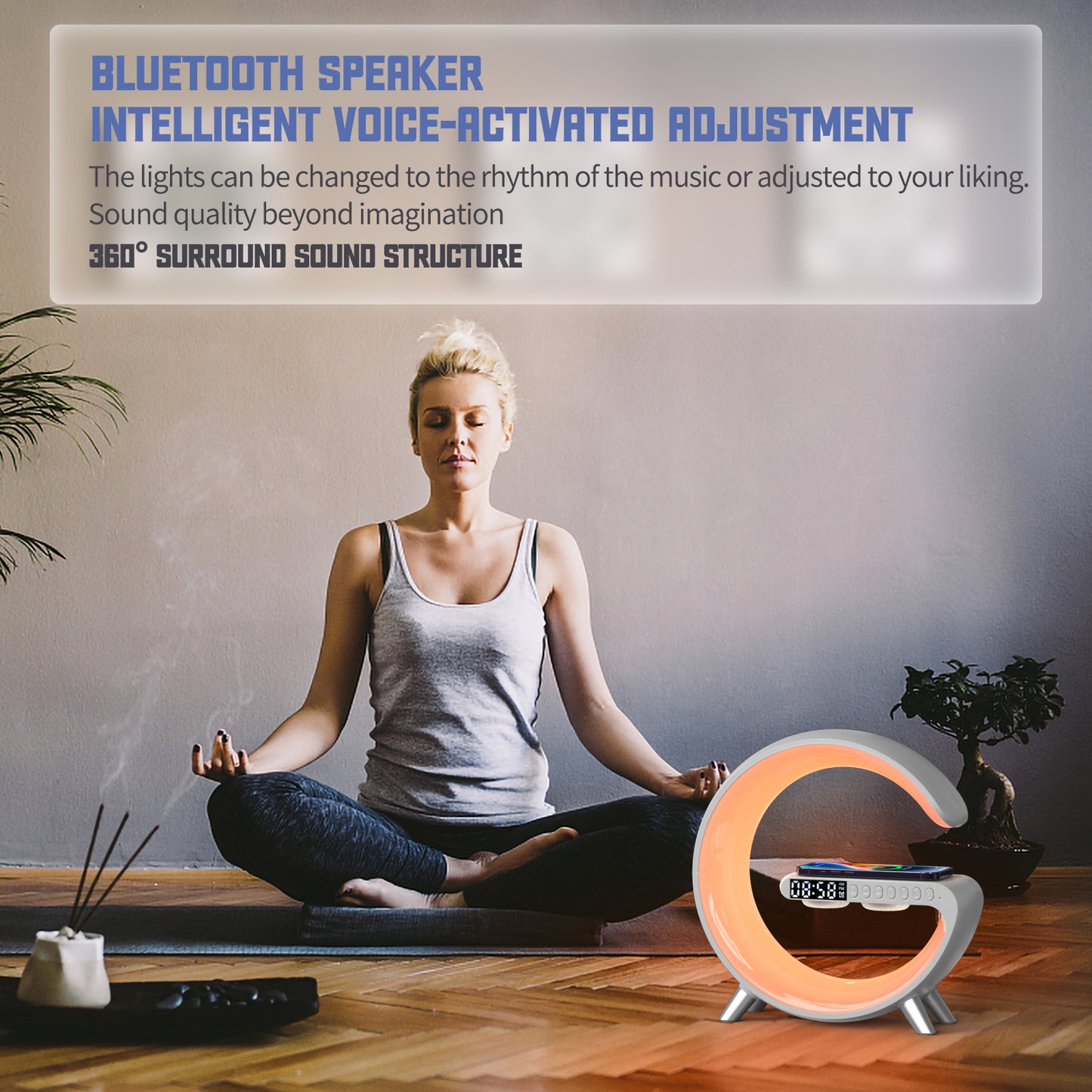 Latest style 15W wireless charger with colorful ambient lighting night light & Bluetooth Speaker