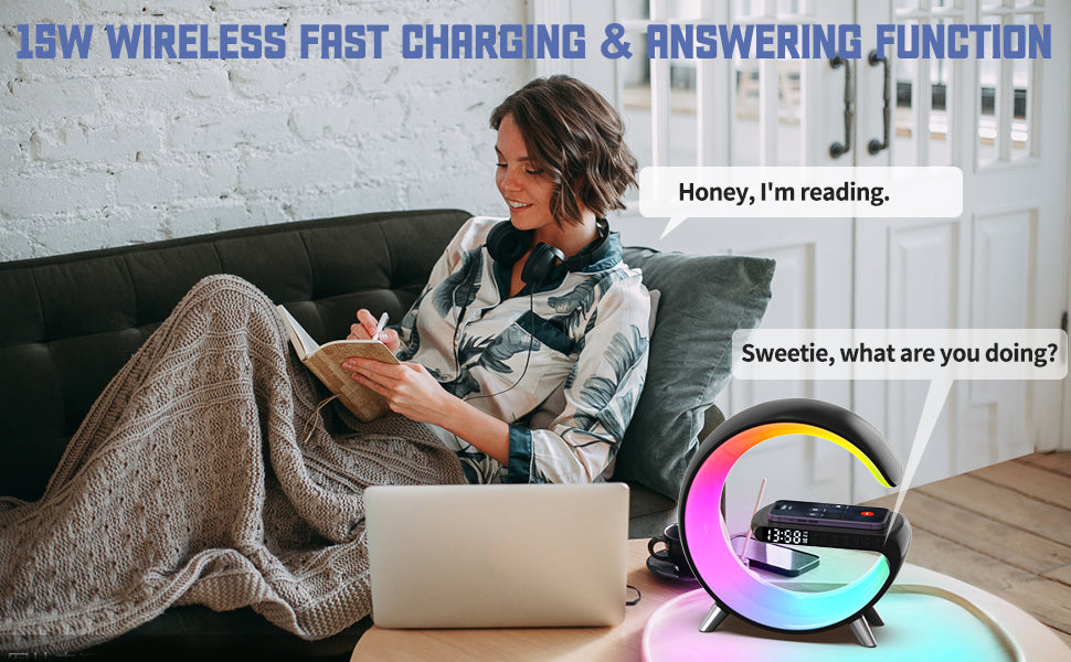 Latest style 15W wireless charger with colorful ambient lighting night light & Bluetooth Speaker