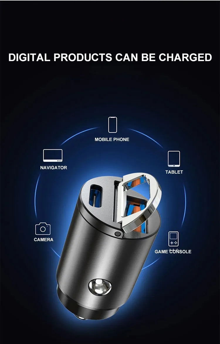 2023 latest hot selling High Power 45W Fast Charging Ring Pull Dual PD Type C USB Mini Car Charger for iPhone Zinc Alloy Material