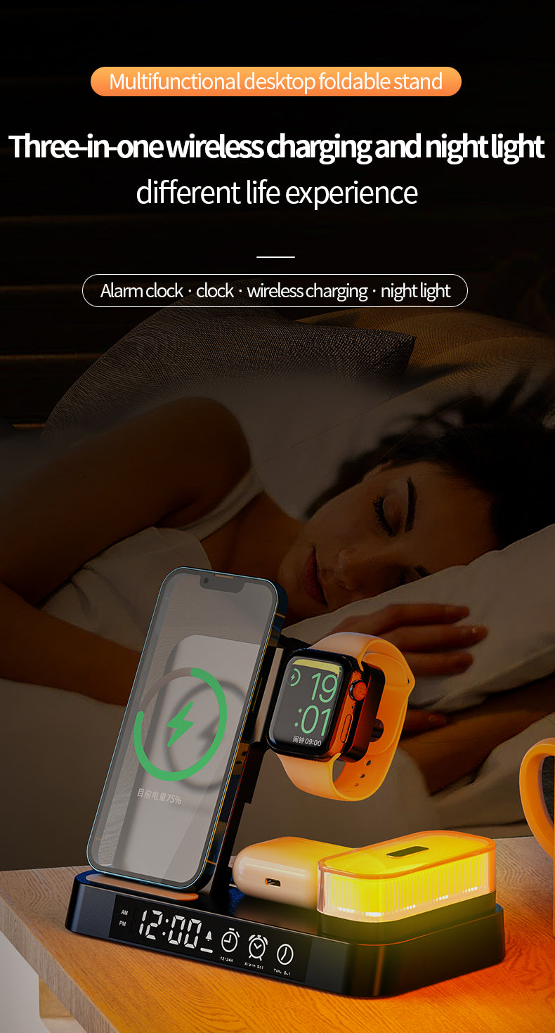 3 in 1 wireless charger with clock and magnetic colorful night light A37