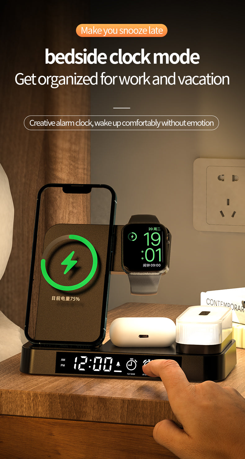 3 in 1 wireless charger with clock and magnetic colorful night light A37