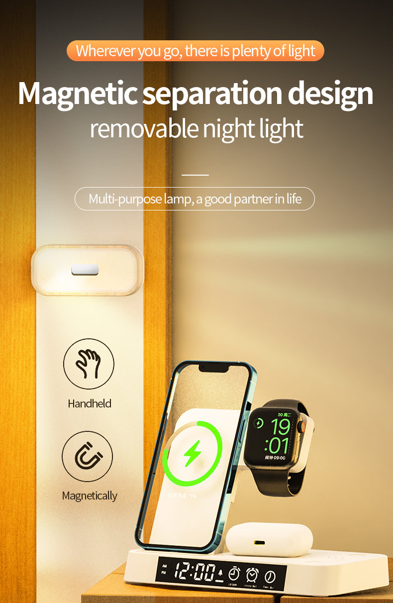 3 in 1 wireless charger with clock and magnetic colorful night light A37