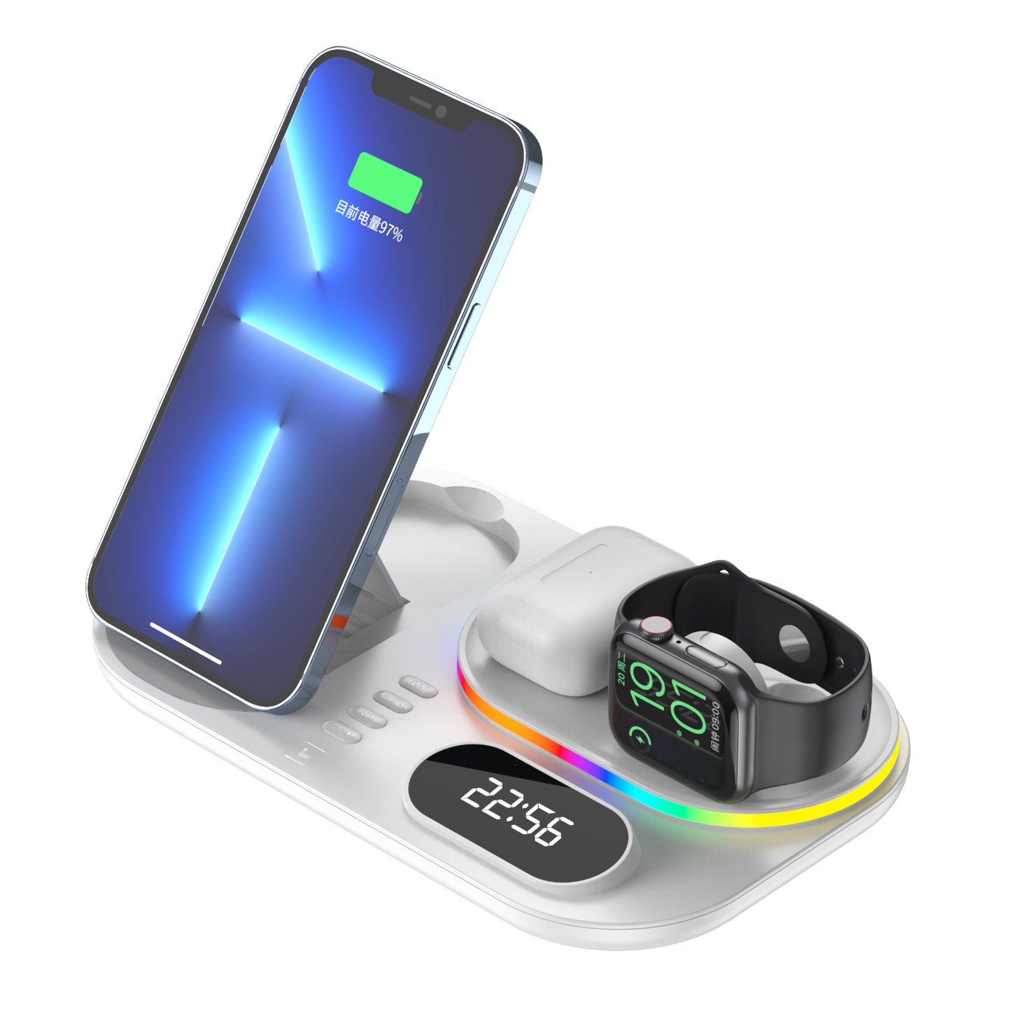 30W Modern RGB Led colorful light Digital Clock time display 5 in 1 Wireless Charger A06