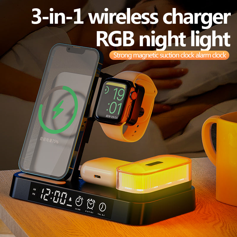 3 in 1 wireless charger with clock and magnetic colorful night light A37