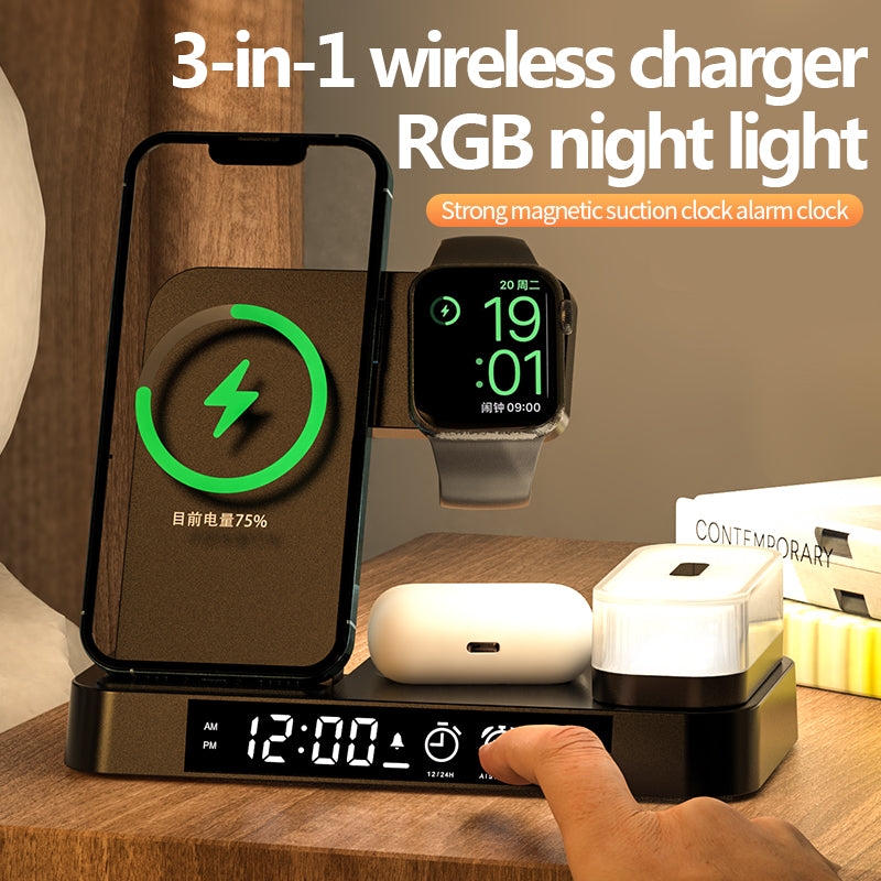 3 in 1 wireless charger with clock and magnetic colorful night light A37