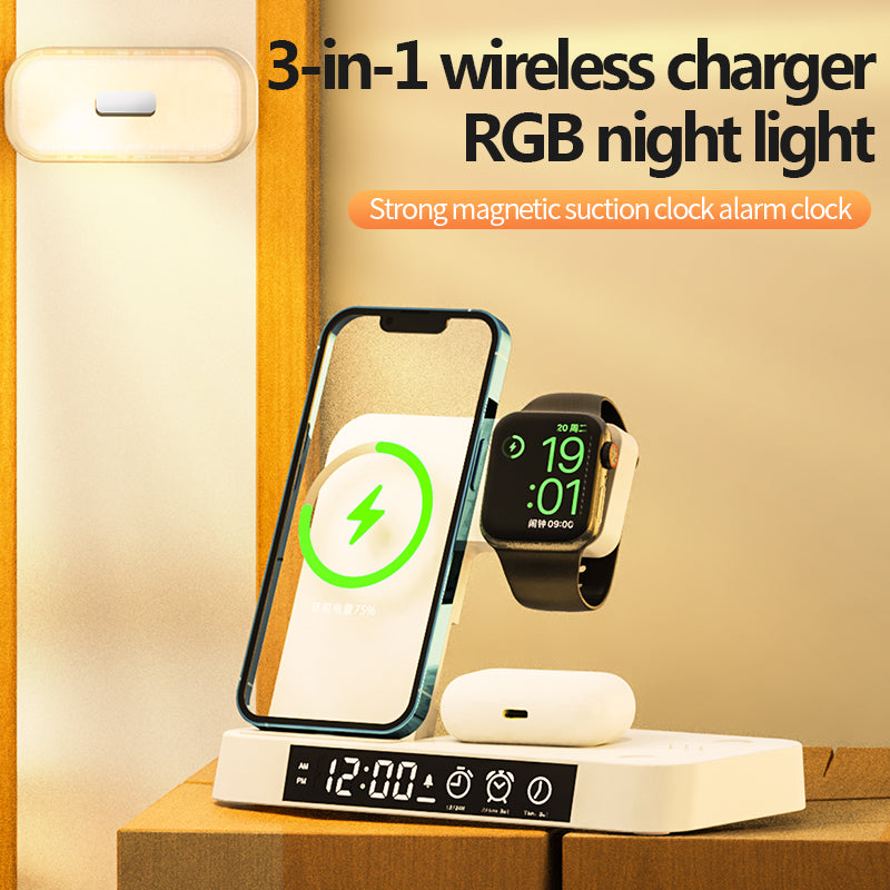 3 in 1 wireless charger with clock and magnetic colorful night light A37