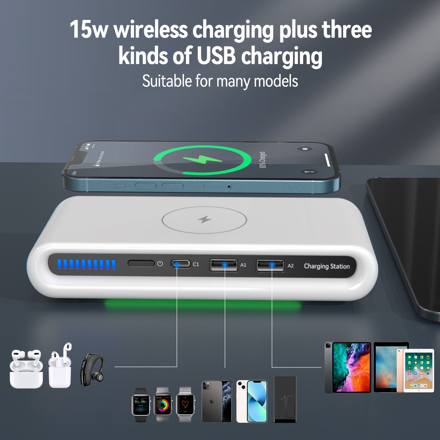 Lastest 30W multi-port 4 in 1 wireless charging station with 2 USB-A + 1 Type-C N67