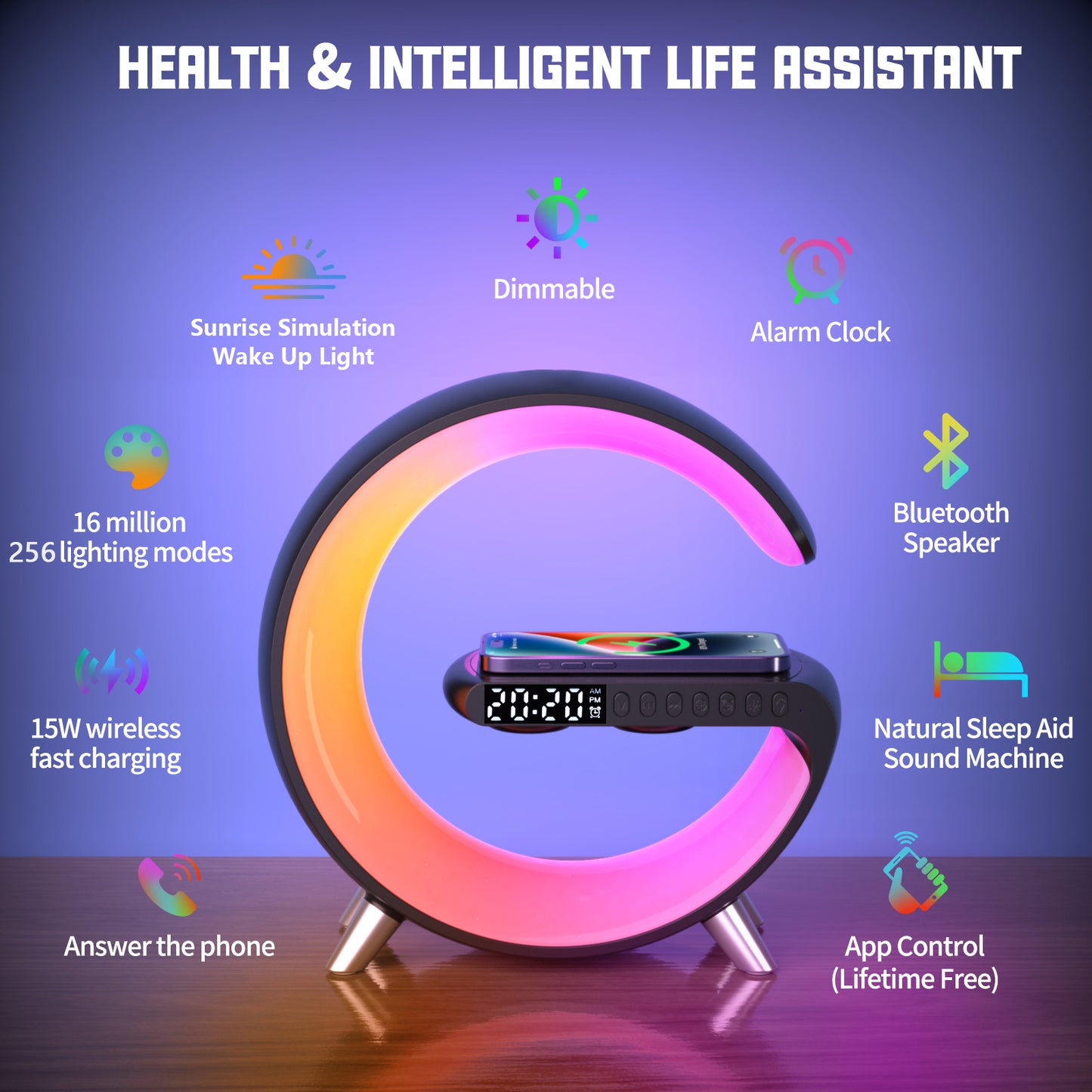 Latest style 15W wireless charger with colorful ambient lighting night light & Bluetooth Speaker