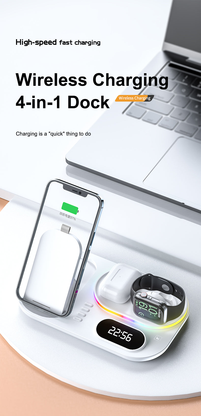 30W Modern RGB Led colorful light Digital Clock time display 5 in 1 Wireless Charger A06