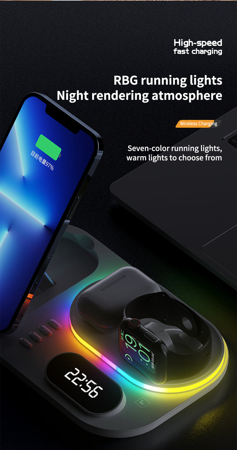 30W Modern RGB Led colorful light Digital Clock time display 5 in 1 Wireless Charger A06