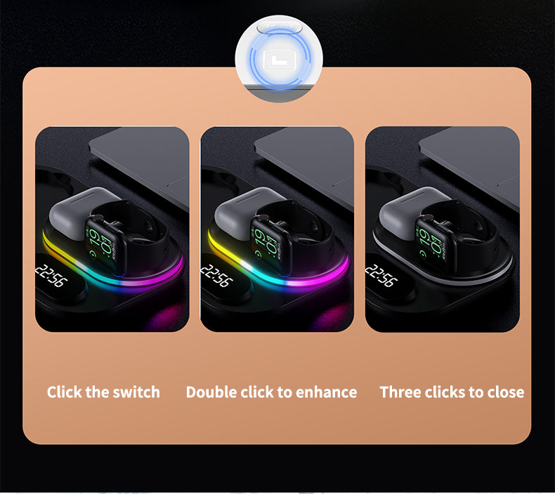 30W Modern RGB Led colorful light Digital Clock time display 5 in 1 Wireless Charger A06