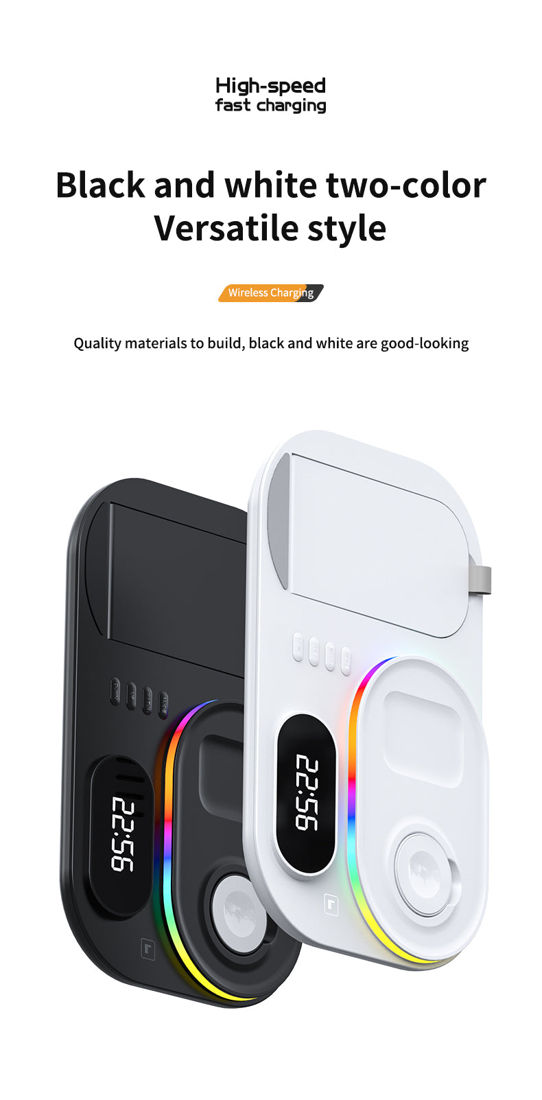 30W Modern RGB Led colorful light Digital Clock time display 5 in 1 Wireless Charger A06