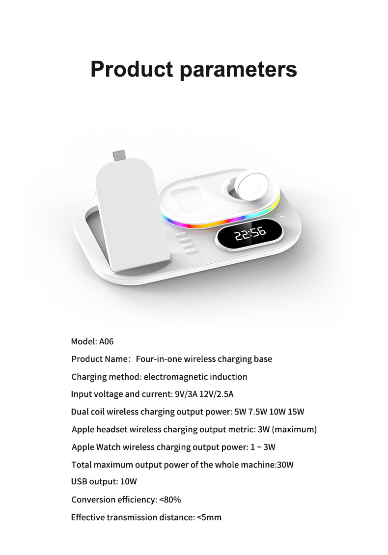 30W Modern RGB Led colorful light Digital Clock time display 5 in 1 Wireless Charger A06