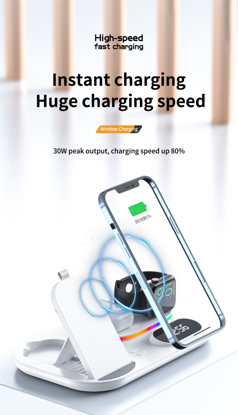 30W Modern RGB Led colorful light Digital Clock time display 5 in 1 Wireless Charger A06
