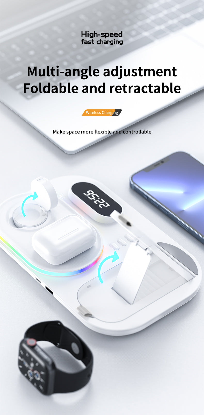 30W Modern RGB Led colorful light Digital Clock time display 5 in 1 Wireless Charger A06