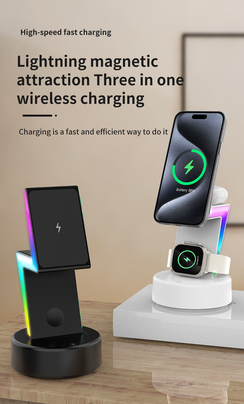 2024 New product Lightning shaped 3-in-1 wireless charger with RGB ambient nightlight for iPhone Apple Watch Airpods